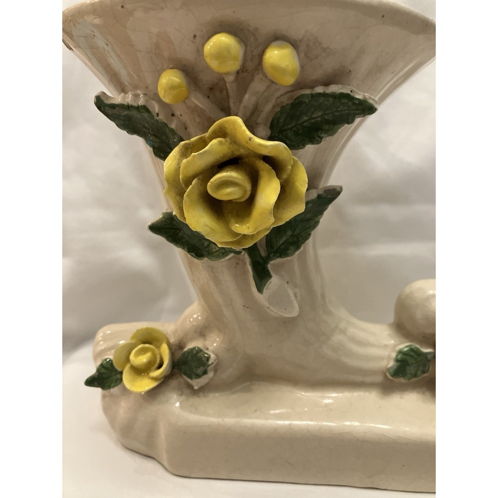 Vintage American Bisque Pottery Copley Style Ivory Cream Vase Yellow Open Rose